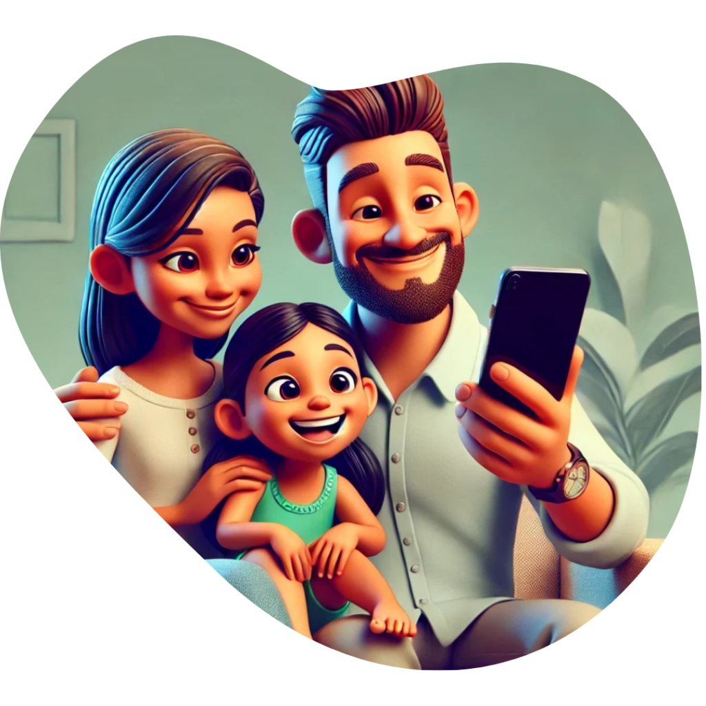uma homem, uma mulhar e a filha do casal olhando para a tela do mesmo telefone celular