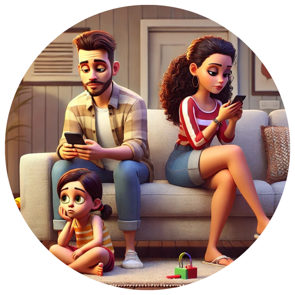 uma homem e uma mulher com o smartphone nas mãos e uma criança sozinha e entediada